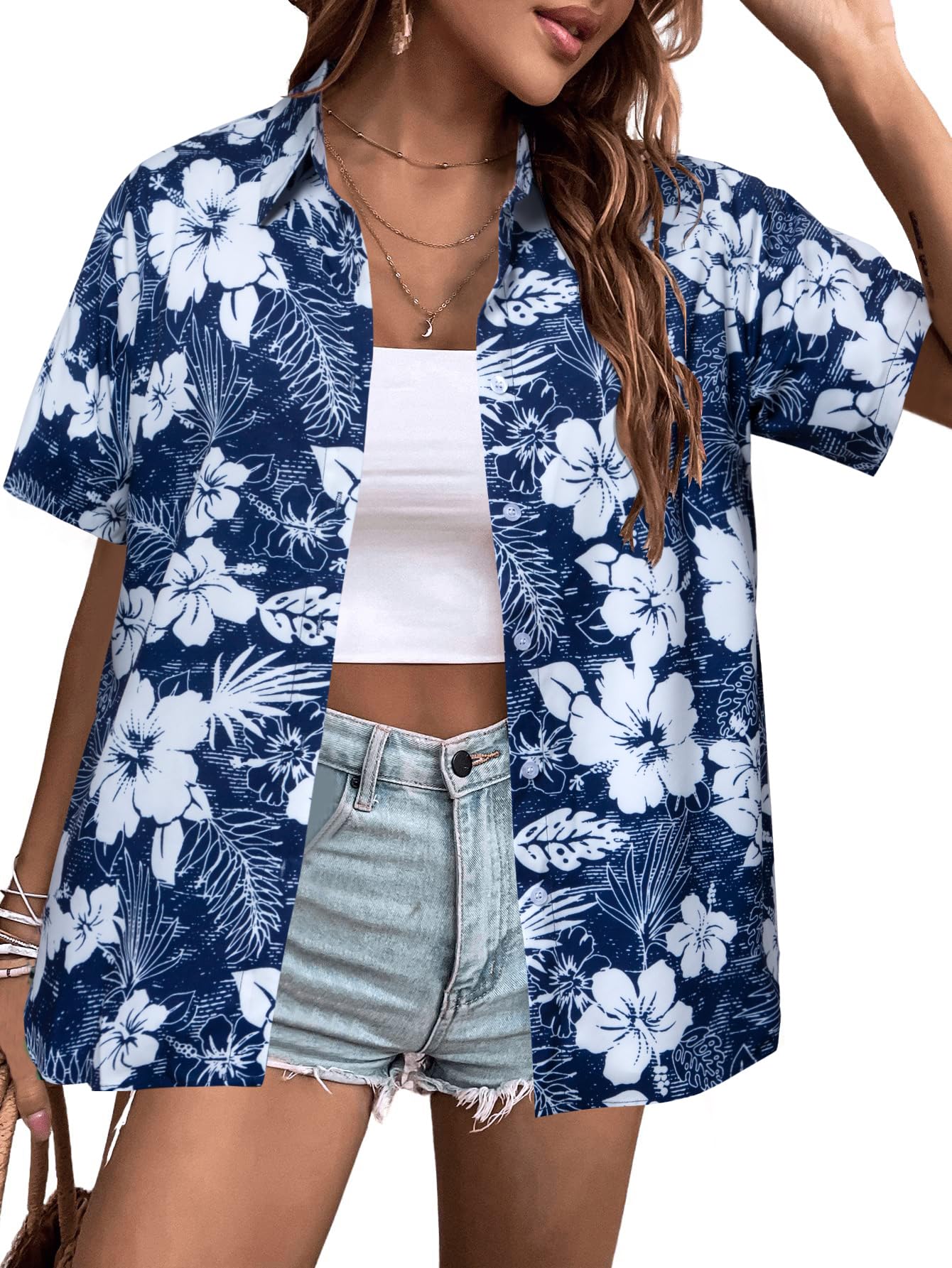 MYHALF Women Hawaiian Shirt Soft Cool Summer Hawaii Shirts Floral Tropic Print V Neck T-Shirt Short Sleeve Button Up Tops - Hawaiian Flair
