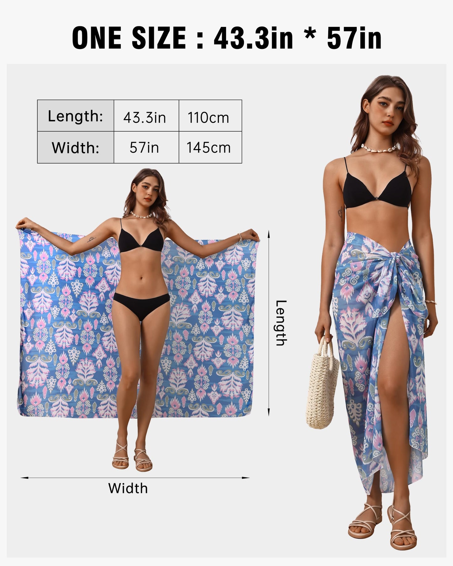 Eicolorte Womens Beach Cover Up Chiffon Sheer Bikini Beach Swimsuit Coverup Sarong Pareo Wraps for Women