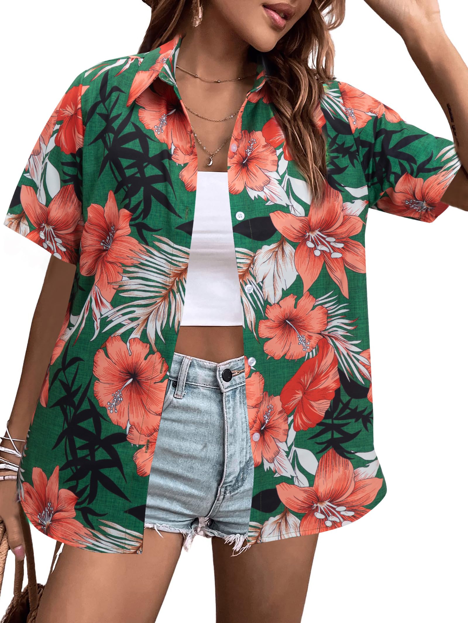 MYHALF Women Hawaiian Shirt Soft Cool Summer Hawaii Shirts Floral Tropic Print V Neck T-Shirt Short Sleeve Button Up Tops - Hawaiian Flair