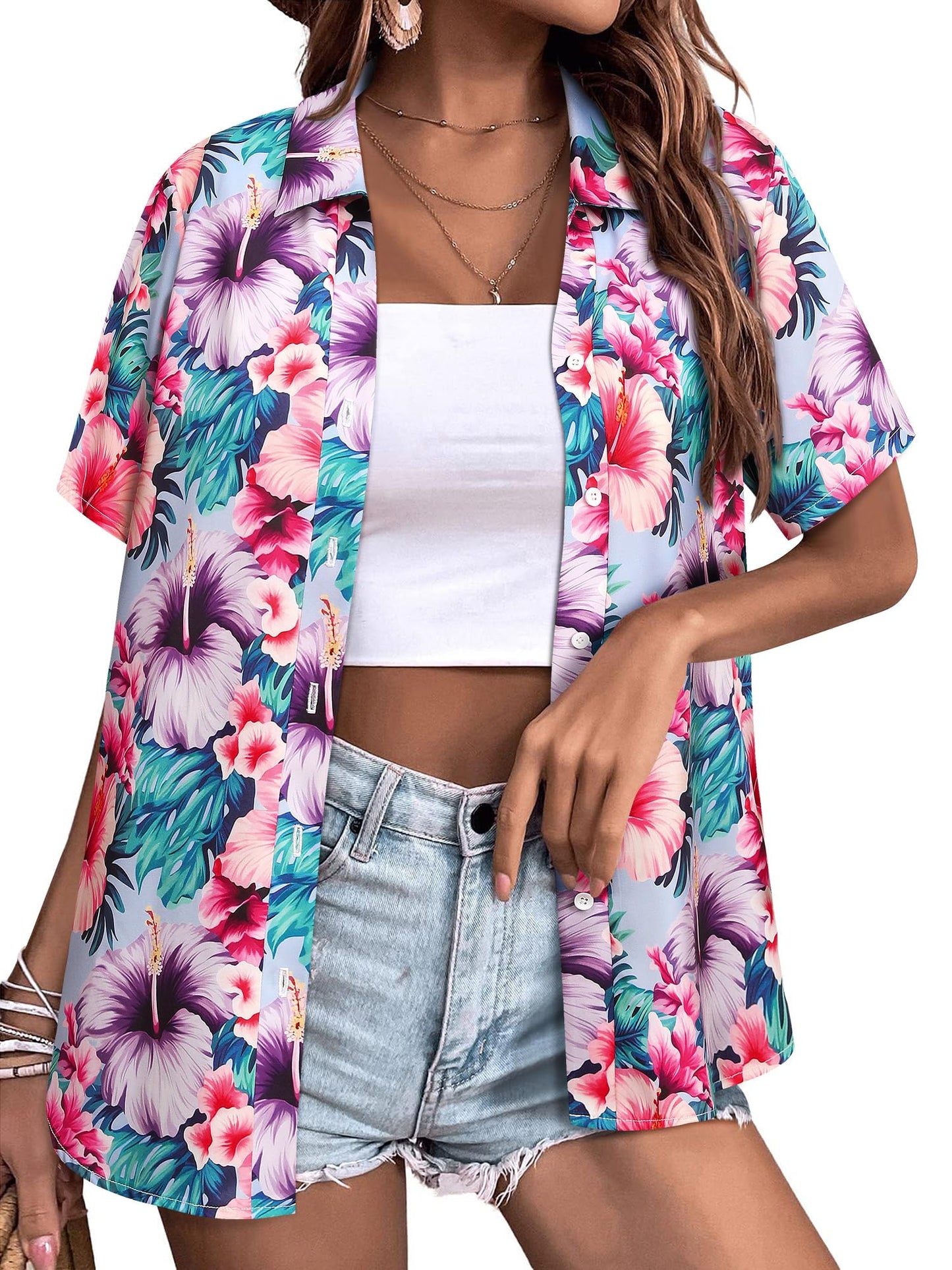 Womens Button Down Hawaiian Shirts Short Sleeve Floral Print Summer V Neck T-Shirt Casual Summer Beach Blouses Tops - Hawaiian Flair