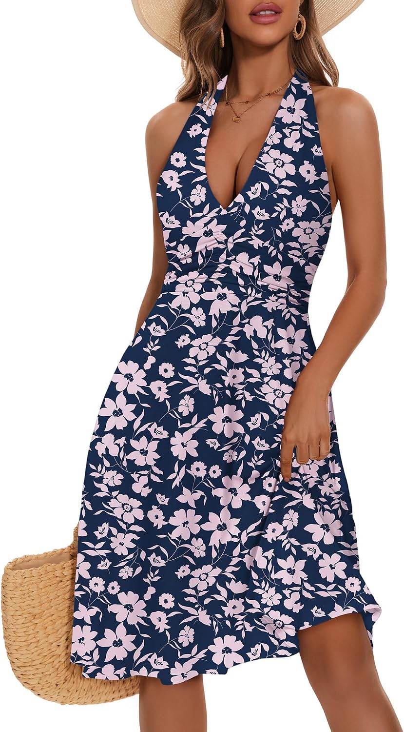 Women's Floral Halter Neck Sundress with Pockets