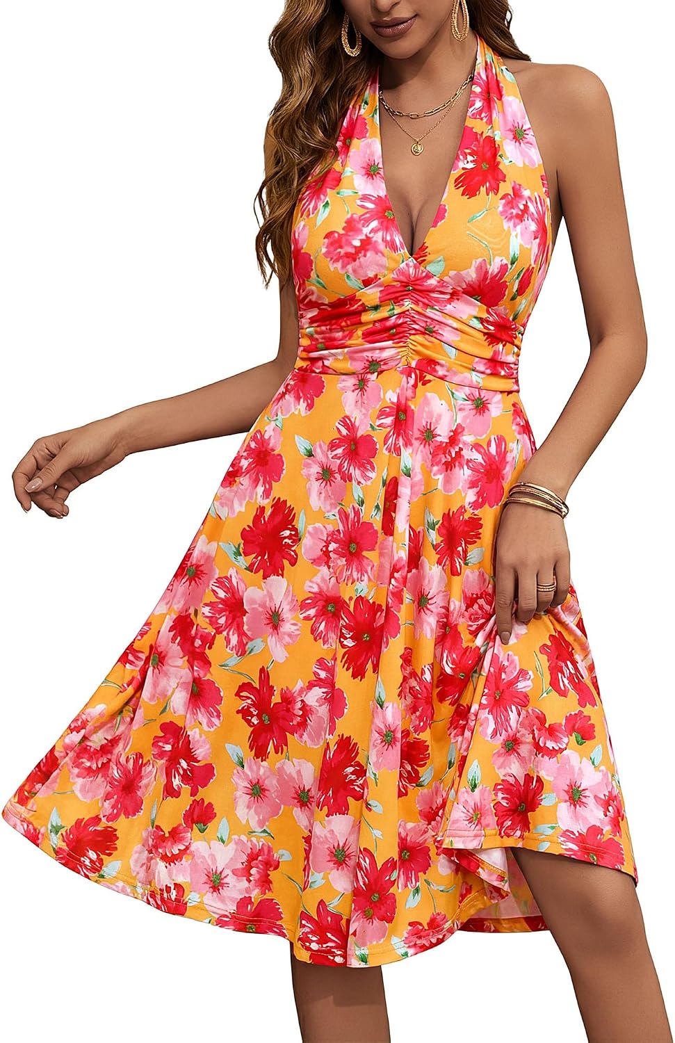 Women's Floral Halter Neck Sundress with Pockets