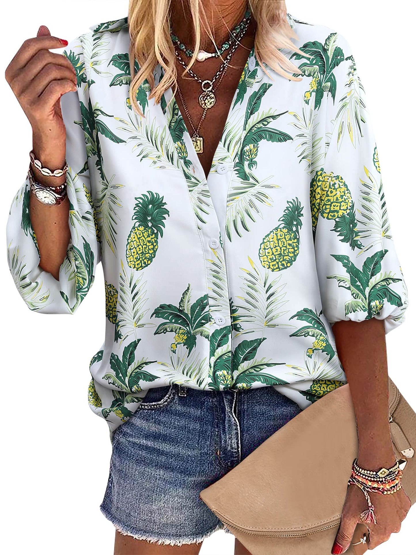 ZXZY Women Pineapple Printed Lapel Collar Half Sleeves Buttons Down Blouse Shirt - Hawaiian Flair