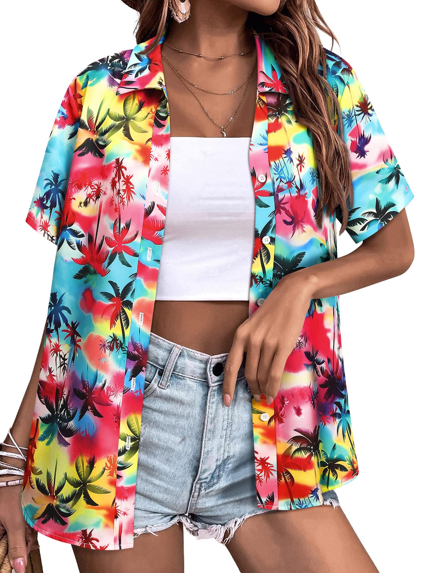 Womens Button Down Hawaiian Shirts Short Sleeve Floral Print Summer V Neck T-Shirt Casual Summer Beach Blouses Tops - Hawaiian Flair
