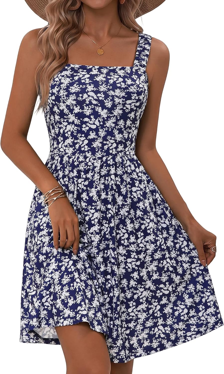 Women's Summer Casual Square Neck Dress with Pocket Cute Short Dress