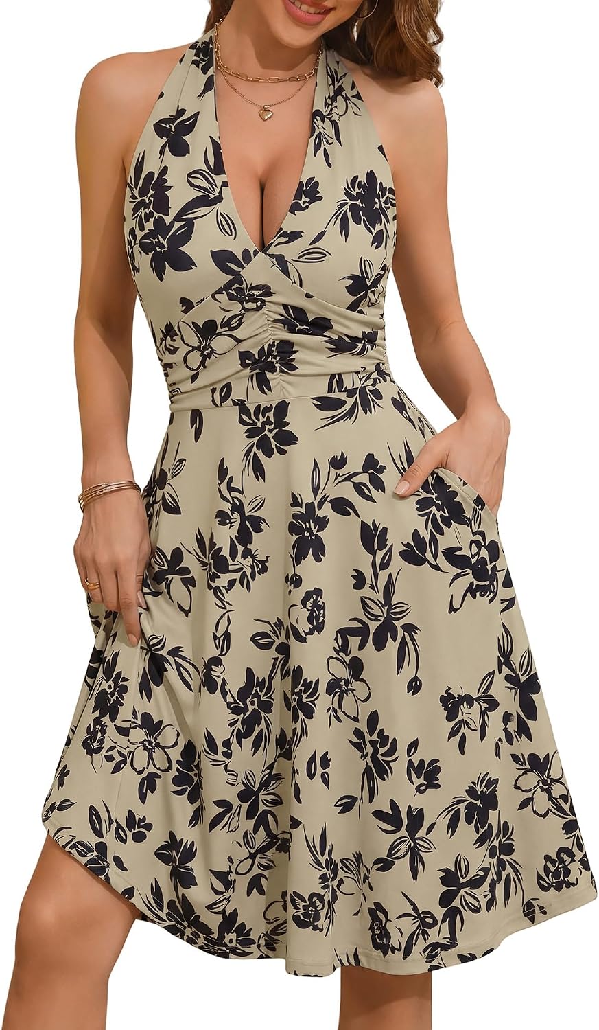Women's Floral Halter Neck Sundress with Pockets