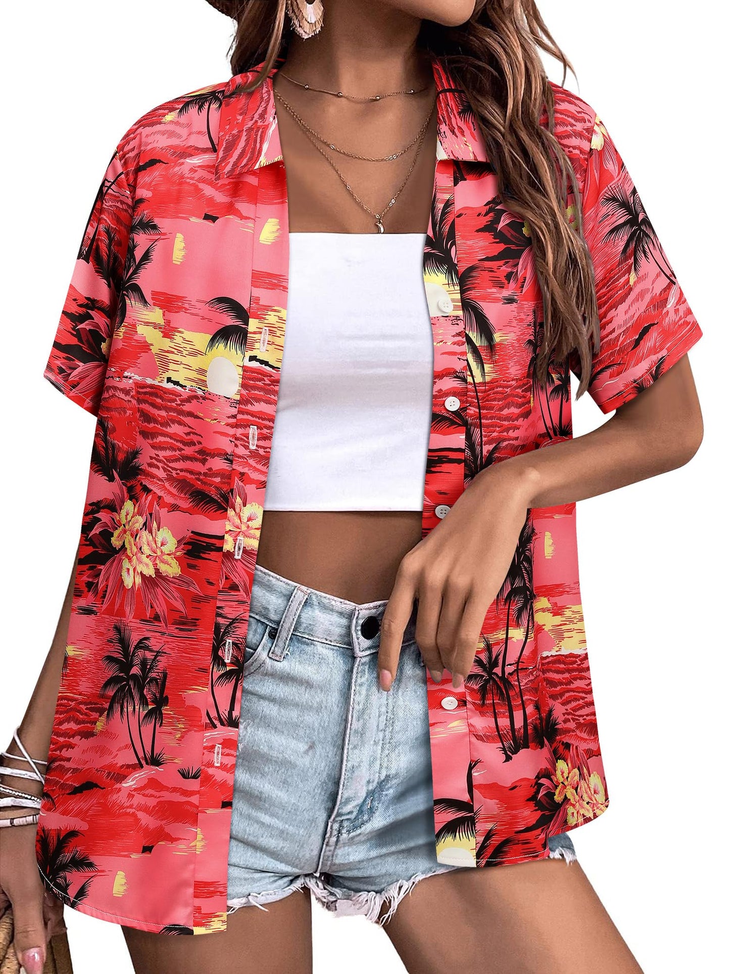 Womens Button Down Hawaiian Shirts Short Sleeve Floral Print Summer V Neck T-Shirt Casual Summer Beach Blouses Tops - Hawaiian Flair