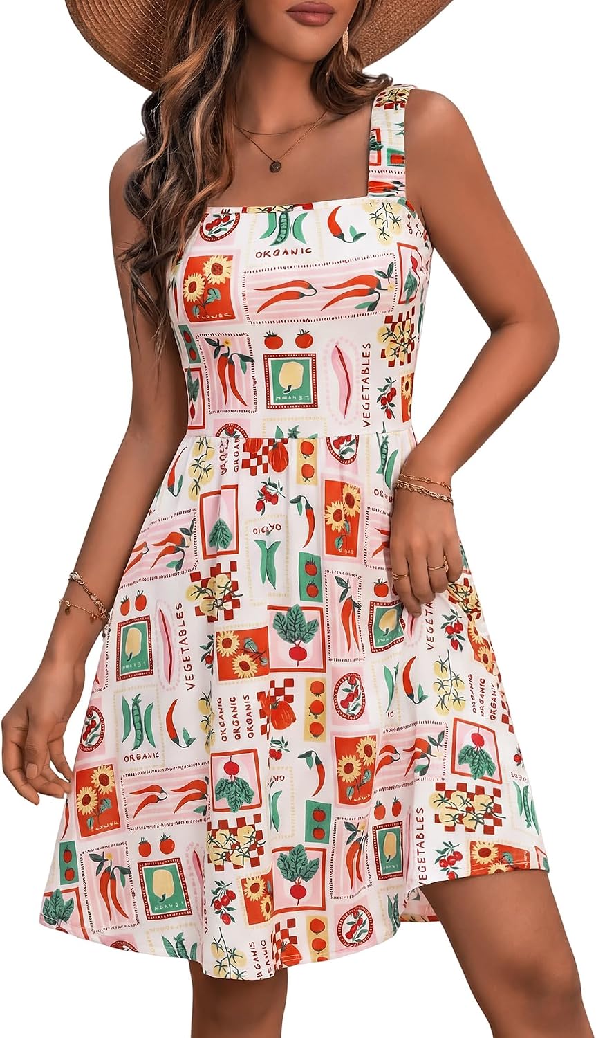 Women's Summer Casual Square Neck Dress with Pocket Cute Short Dress