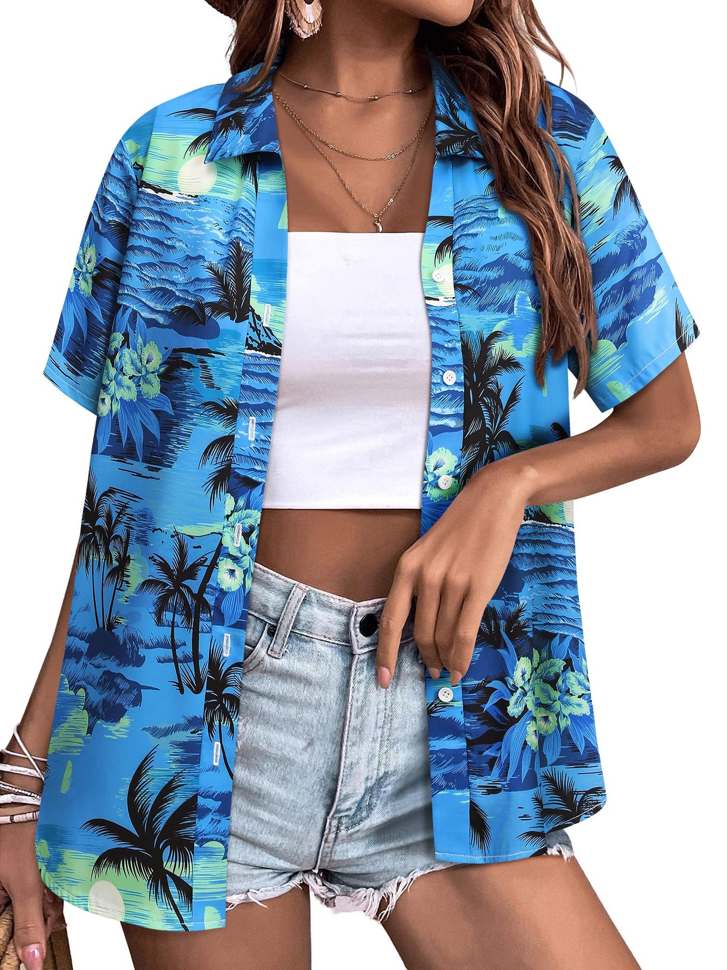 Womens Button Down Hawaiian Shirts Short Sleeve Floral Print Summer V Neck T-Shirt Casual Summer Beach Blouses Tops - Hawaiian Flair