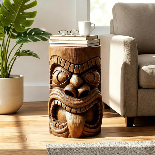 19.6" H Tiki Totem Statues - Outdoor Side Table,The Grande Tiki God Kanaloa Teeth,Fibre Reinforced Concrete, Outdoor Decoration for Garden, Porch, Patio, Balcony or Living Room Decor