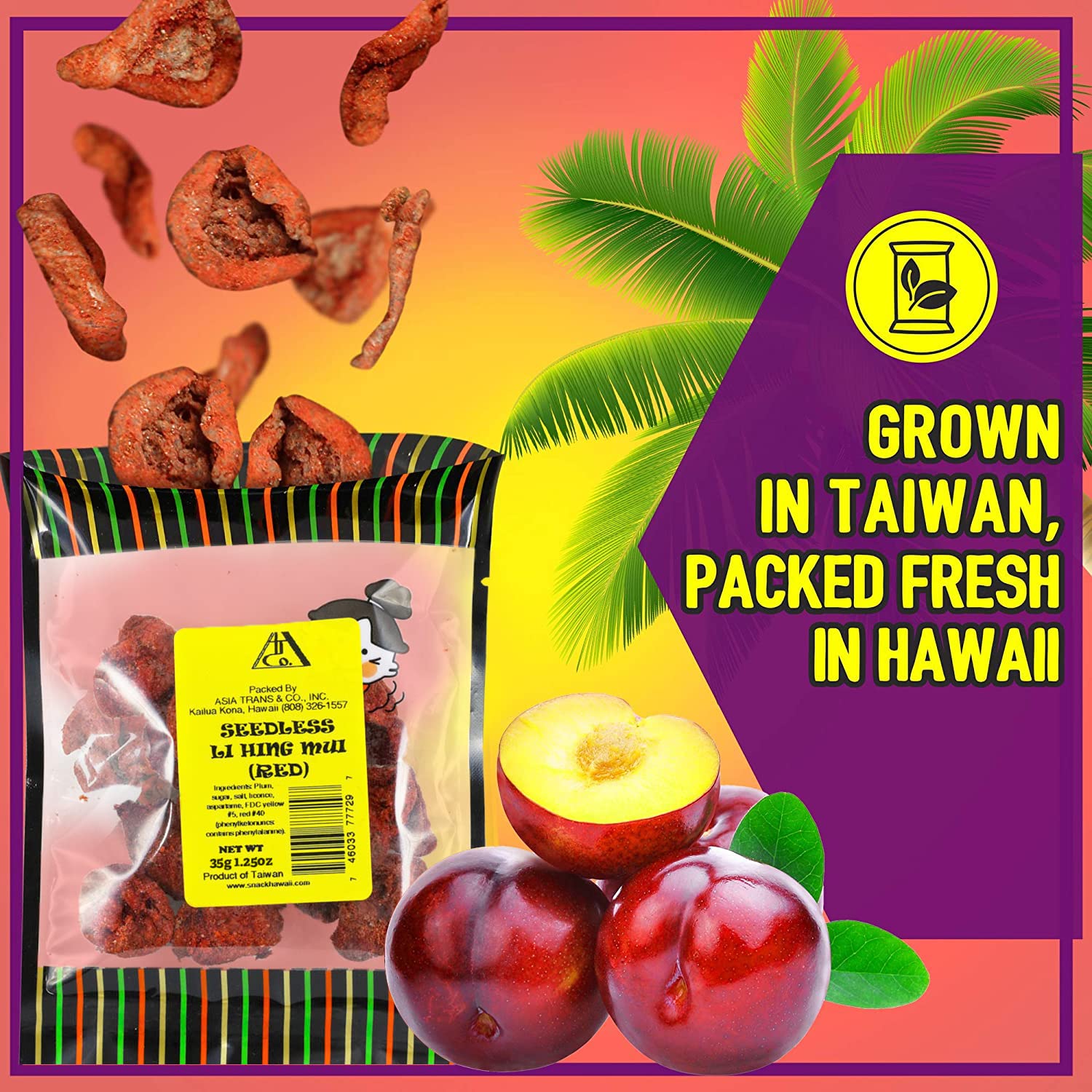 Sweet Seedless Li Hing Mui Crack Seed Plums | Hawaiian Favorite | Naturally Sweet Dried Asian Plum Candy | 1.25 Ounce - Hawaiian Flair