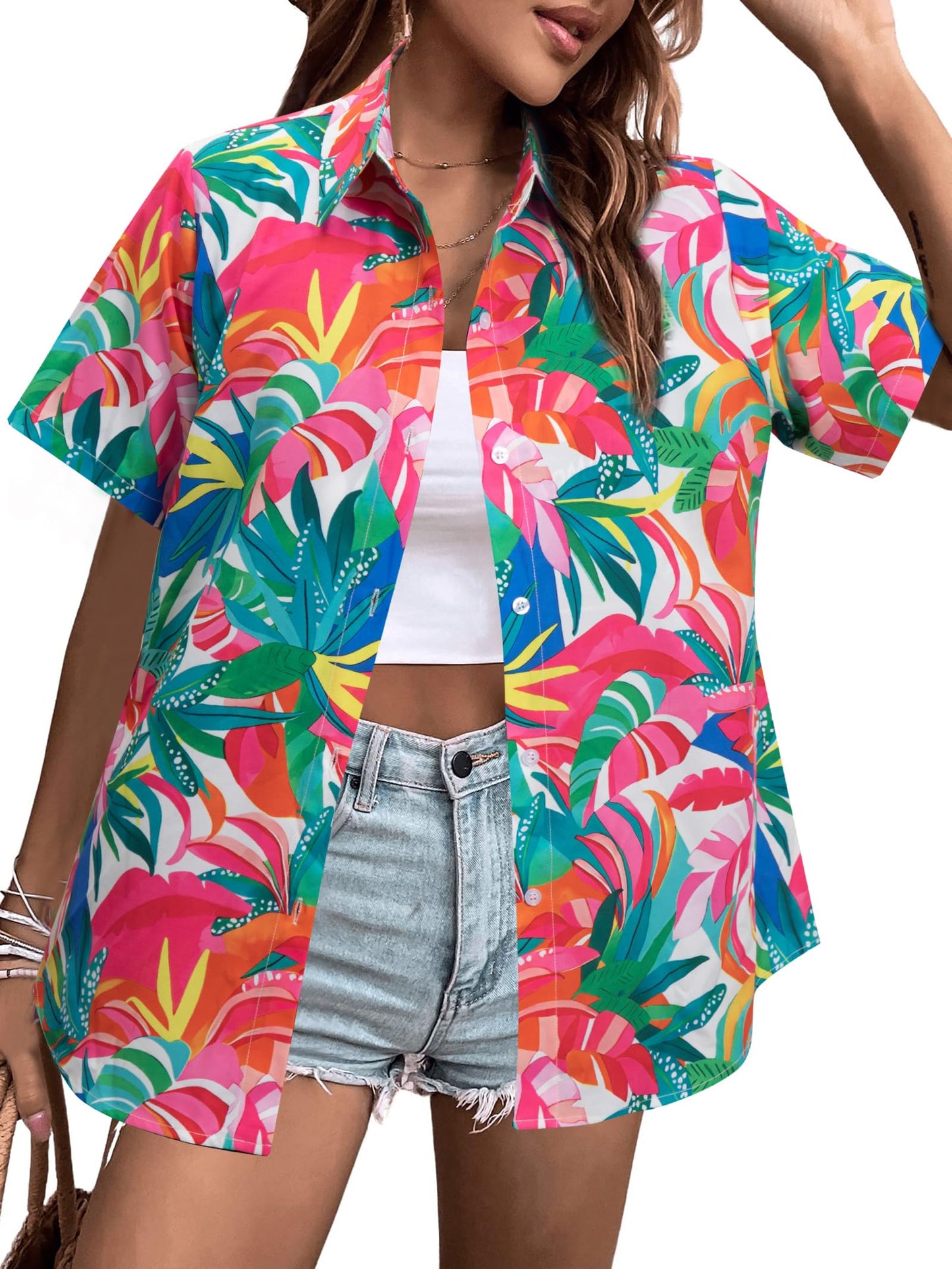 MYHALF Women Hawaiian Shirt Soft Cool Summer Hawaii Shirts Floral Tropic Print V Neck T-Shirt Short Sleeve Button Up Tops - Hawaiian Flair