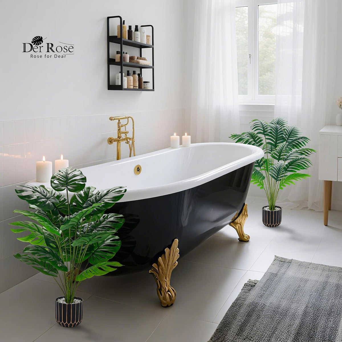 Der Rose 28" Fake Plants, Monstera Plant in Black Gold Pot for Home Decor