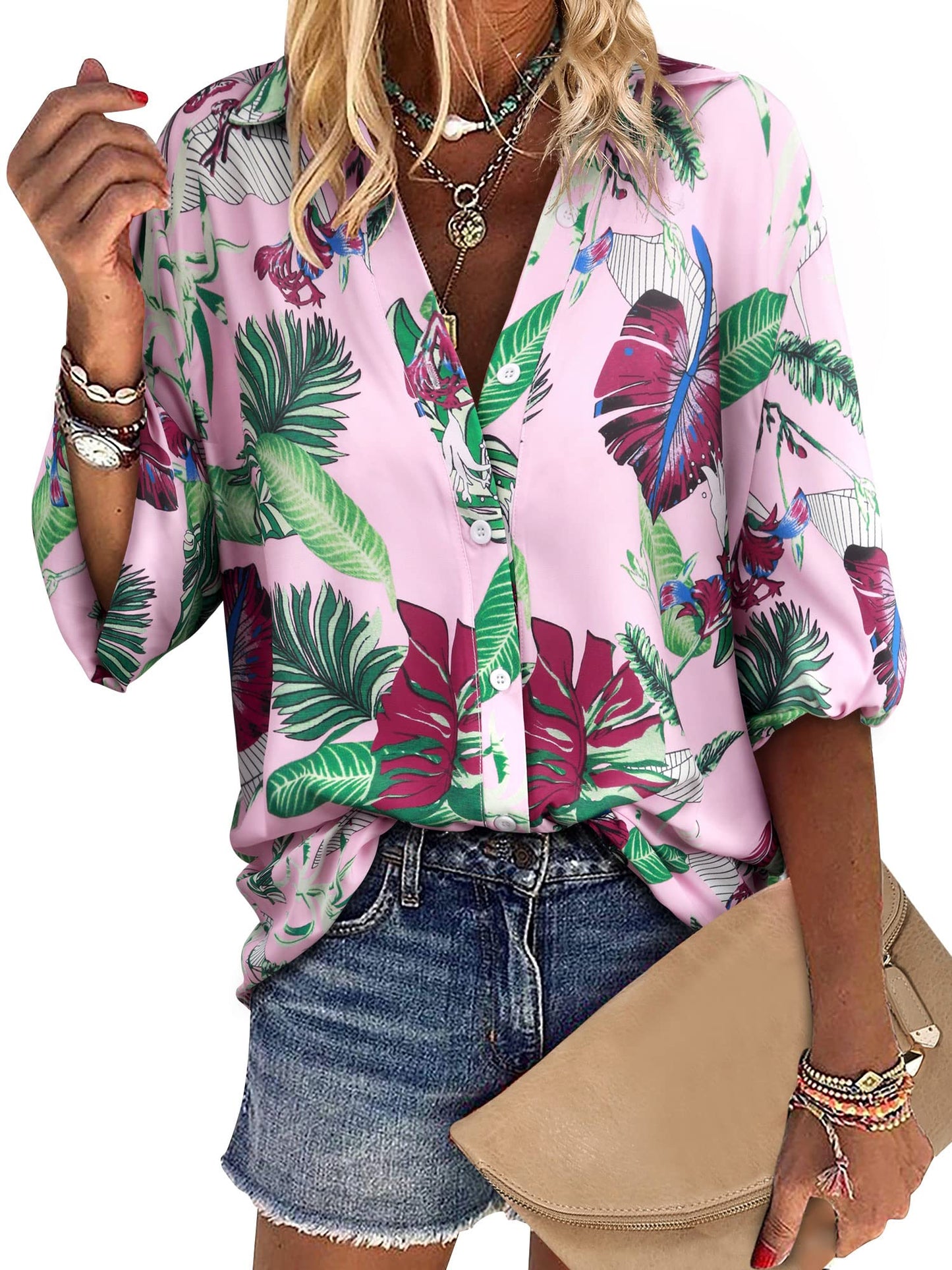 ZXZY Women Pineapple Printed Lapel Collar Half Sleeves Buttons Down Blouse Shirt - Hawaiian Flair