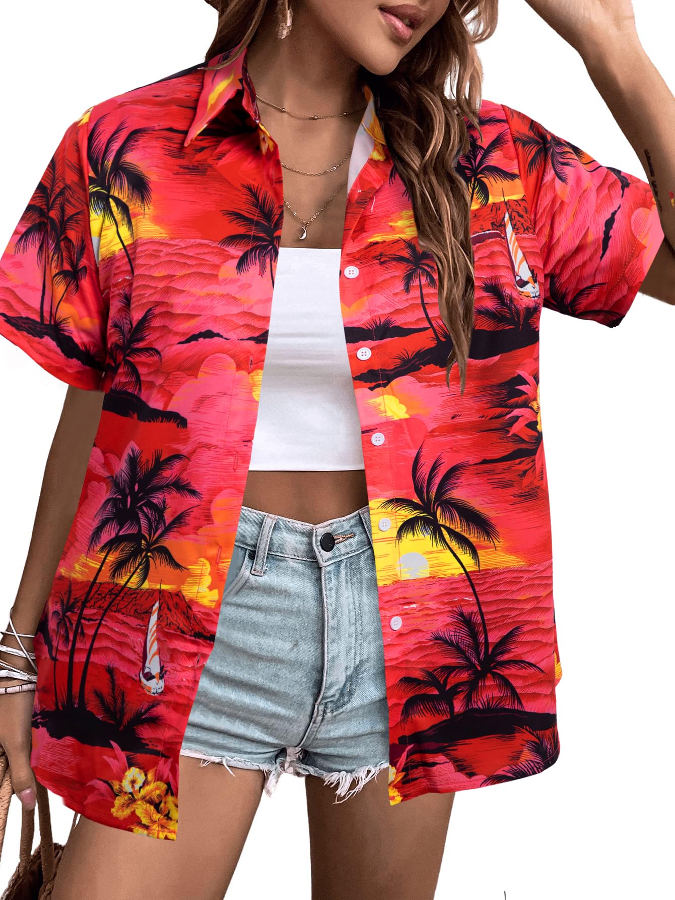 MYHALF Women Hawaiian Shirt Soft Cool Summer Hawaii Shirts Floral Tropic Print V Neck T-Shirt Short Sleeve Button Up Tops - Hawaiian Flair