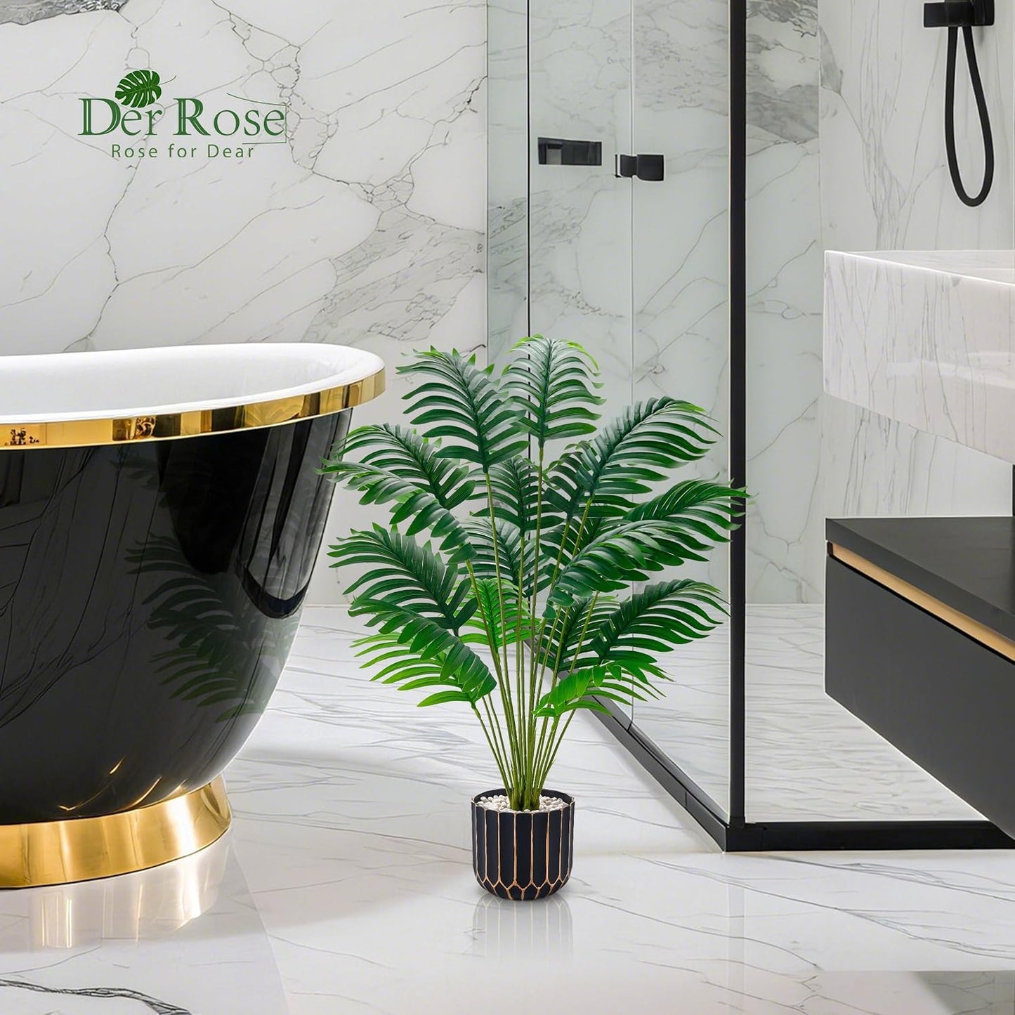 Der Rose 28" Fake Plants, Monstera Plant in Black Gold Pot for Home Decor