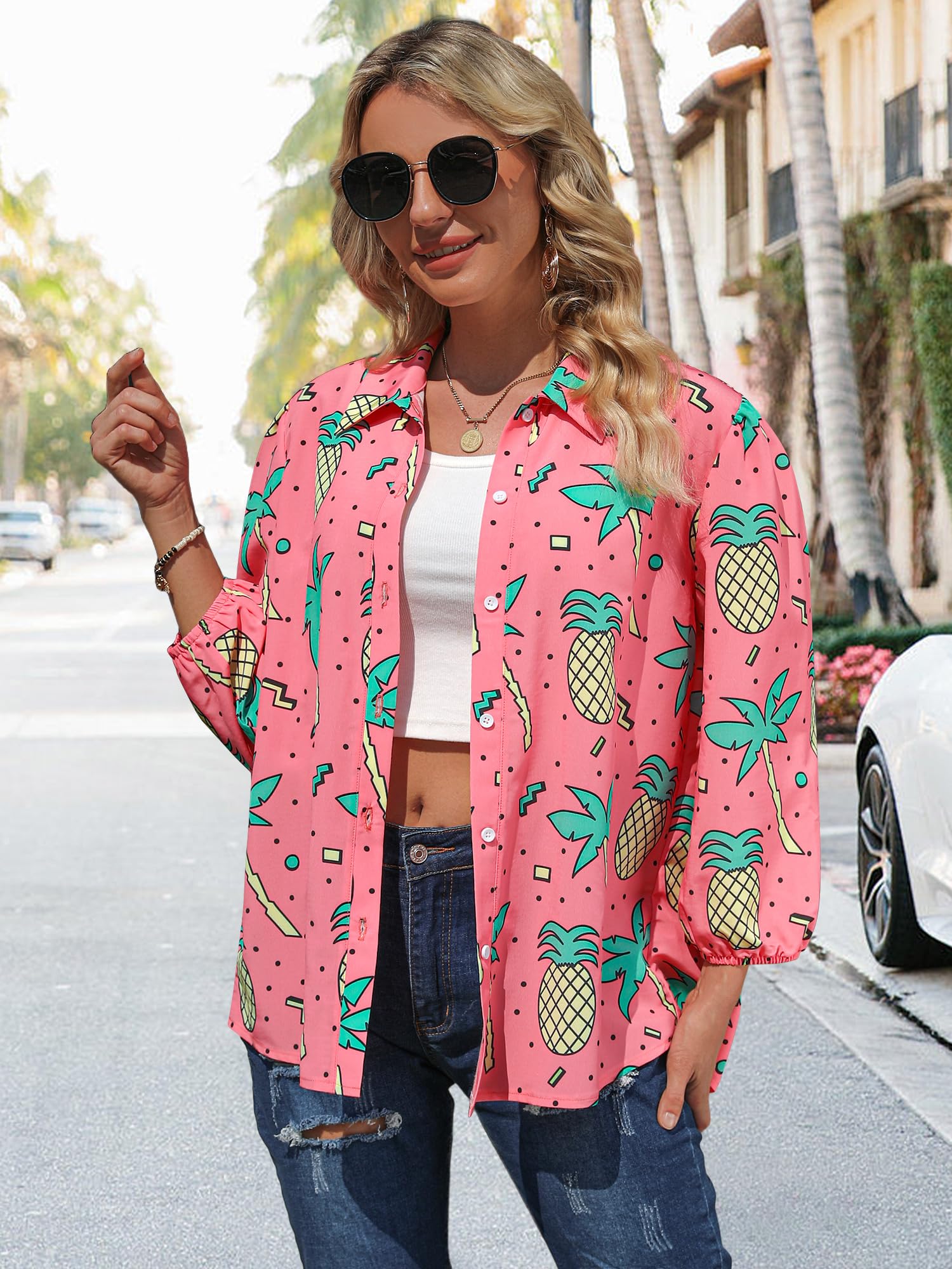 ZXZY Women Pineapple Printed Lapel Collar Half Sleeves Buttons Down Blouse Shirt - Hawaiian Flair