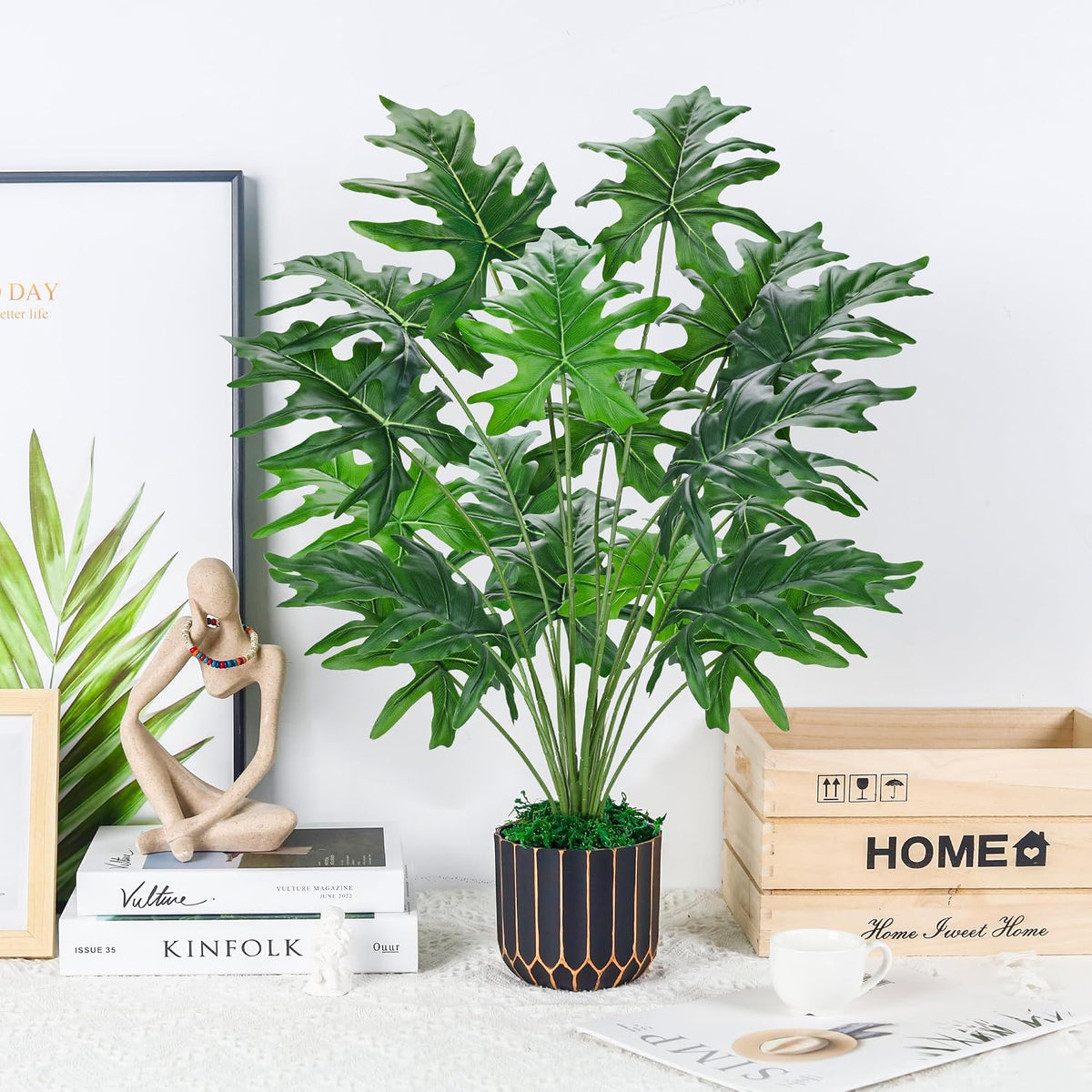 Der Rose 28" Fake Plants, Monstera Plant in Black Gold Pot for Home Decor