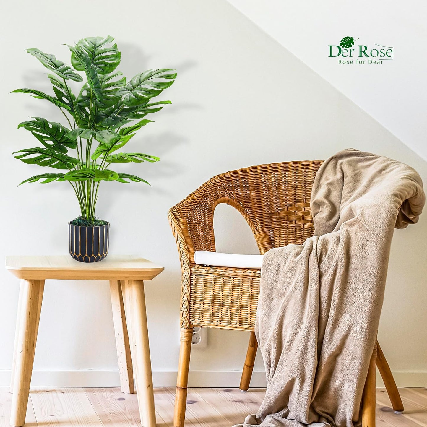 Der Rose 28" Fake Plants, Monstera Plant in Black Gold Pot for Home Decor