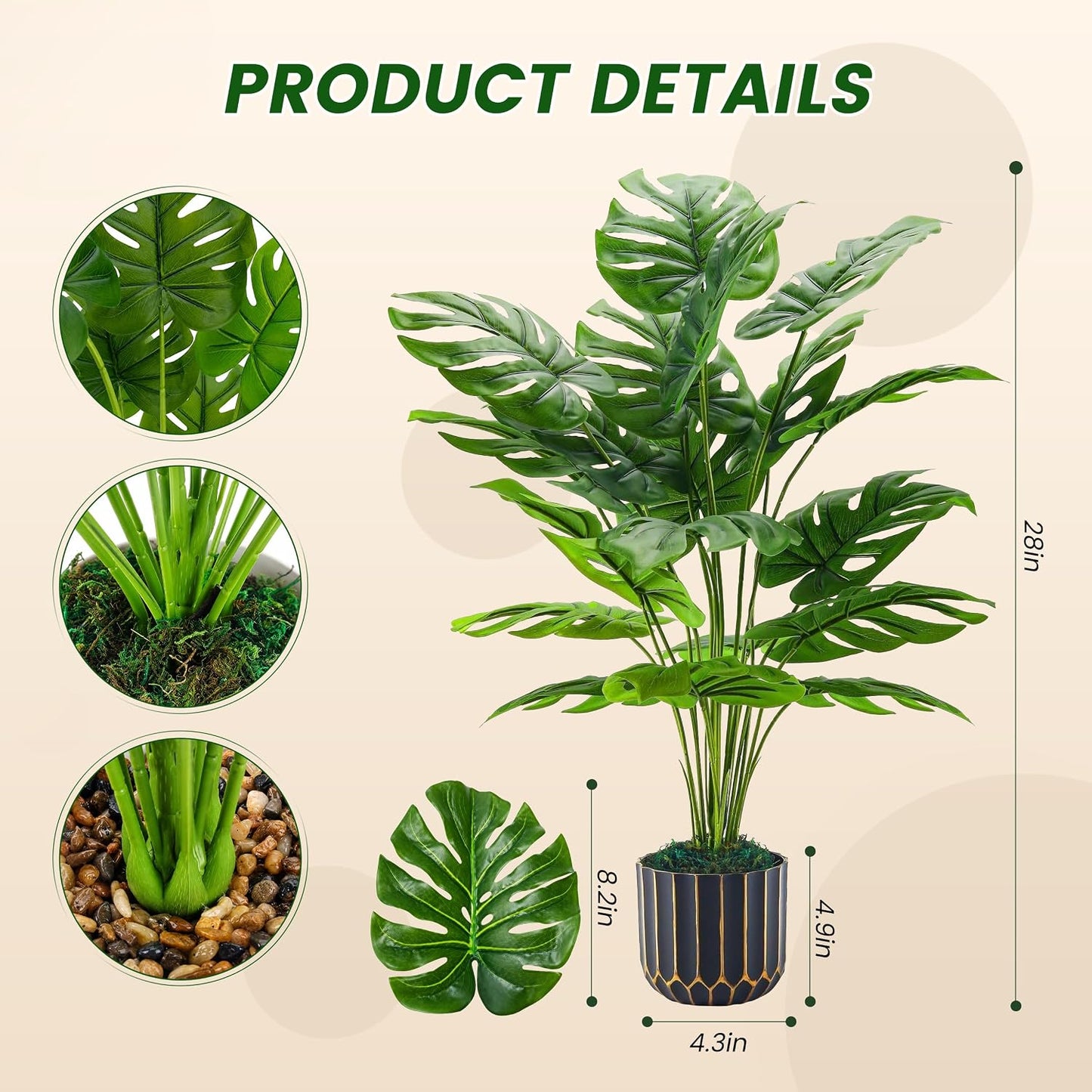 Der Rose 28" Fake Plants, Monstera Plant in Black Gold Pot for Home Decor