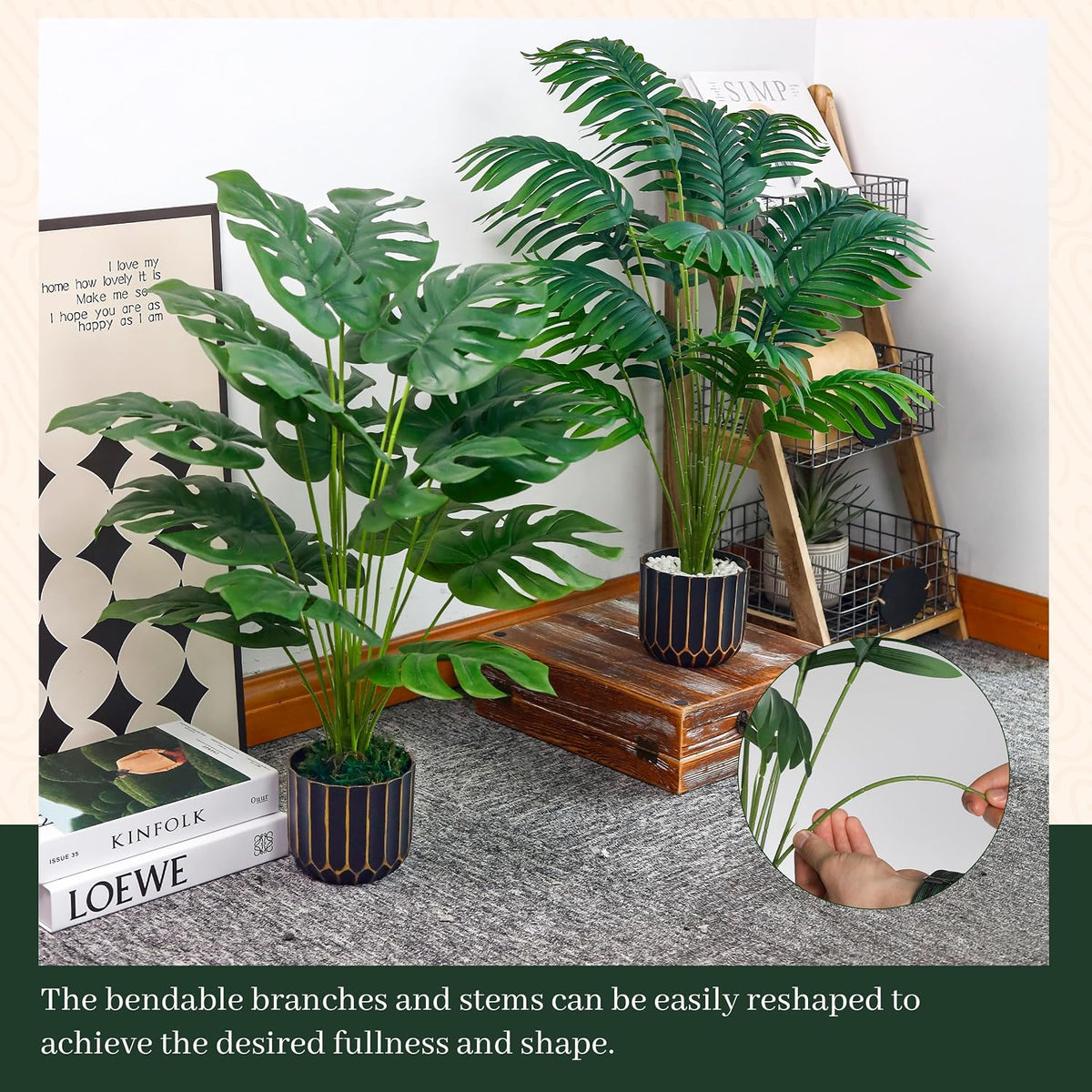 Der Rose 28" Fake Plants, Monstera Plant in Black Gold Pot for Home Decor