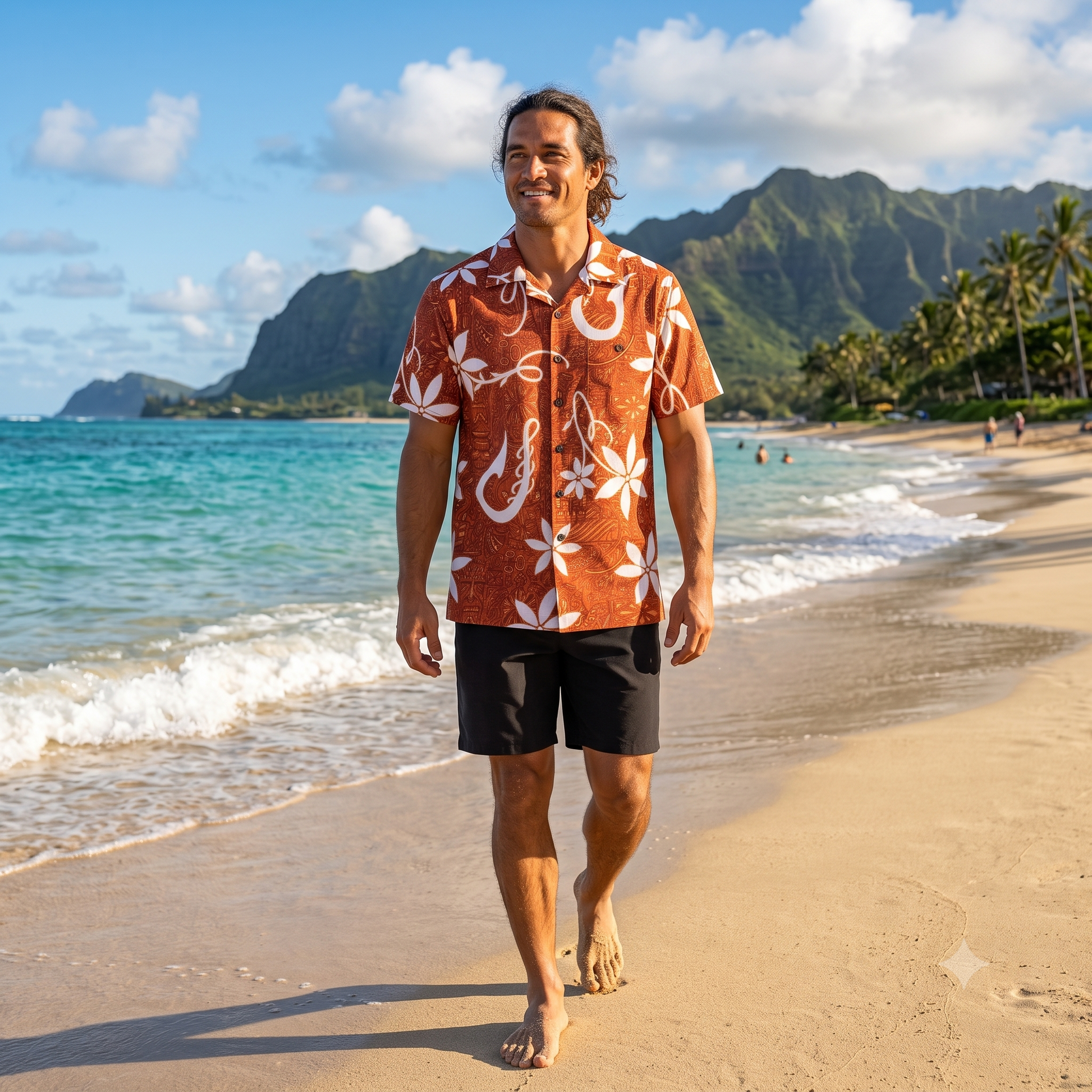 Hawaiian man in red hawaiian print shirt on beach