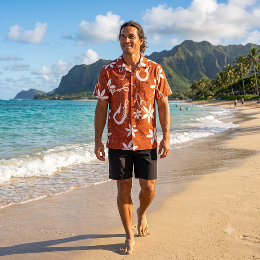 Hawaiian man in red hawaiian print shirt on beach