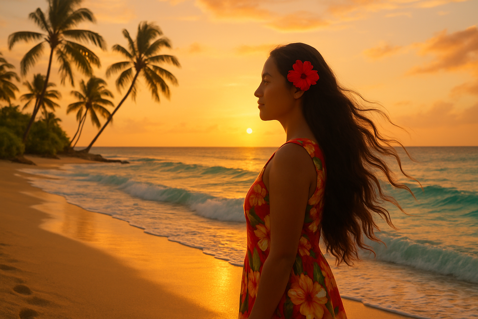 Hawaiian woman watching the waves